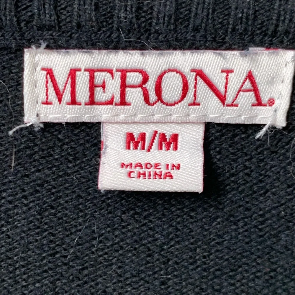 MERONA Women’s Black White Front Print Long Sleeve Rounded Neck Sweater